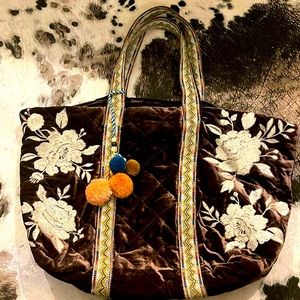 Johnny Was Nwot santal Velvet embroidered bag with Pom poms